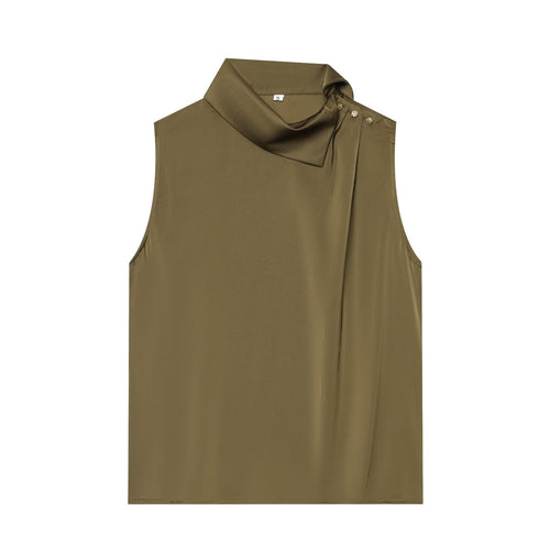 Damen Ärmellose Satinbluse mit drapiertem Stehkragen und Zierknopfleiste Shop Nory