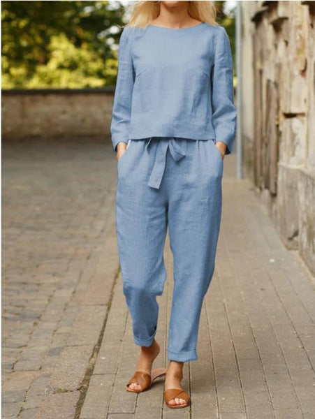 Damen Lässiges Leinen-Loungewear-Set mit Rundhalsausschnitt, Bindegürtel und knöchellanger Hose Shop Nory
