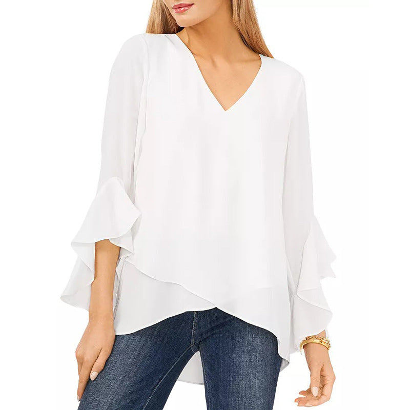 Damen Chiffon-Bluse mit V-Ausschnitt, asymmetrischem Saum und Volant-Ärmeln Shop Nory