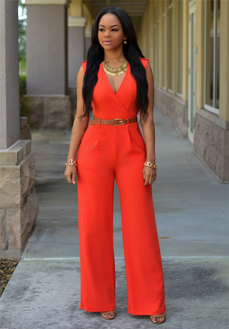 Damen Eleganter Wickel-Jumpsuit mit weitem Bein und Taillengürtel