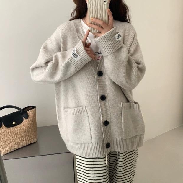 Damen Grob gestrickter Cardigan mit großen Taschen und tiefem V-Ausschnitt