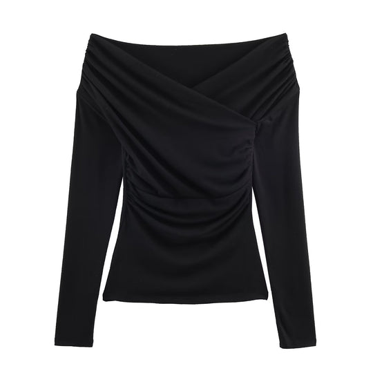 Damen Schulterfreies gerafftes Langarmtop mit Wickel‑Drapierung Shop Nory