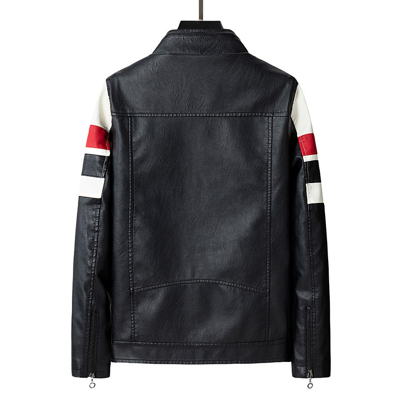 Herren Biker-Lederjacke im Racing-Look mit Kontraststreifen und Stehkragen Shop Nory