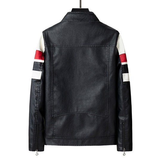 Herren Biker-Lederjacke im Racing-Look mit Kontraststreifen und Stehkragen Shop Nory