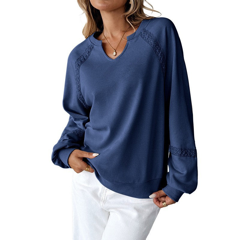 Damen Lässiges Sweatshirt mit V-Notch, Spitzeneinsätzen und Ballonärmeln Shop Nory
