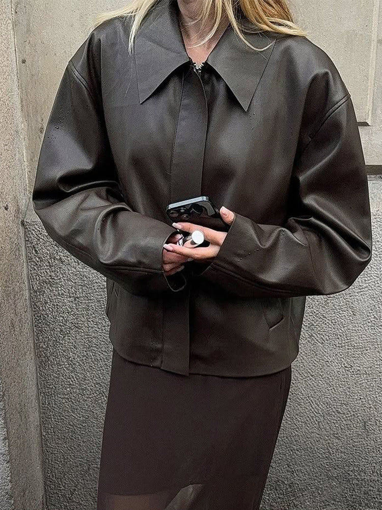 Damen Cropped Boxy Jacke aus Lederimitat mit übergroßem Kragen und verdeckter Reißverschlussleiste Shop Nory