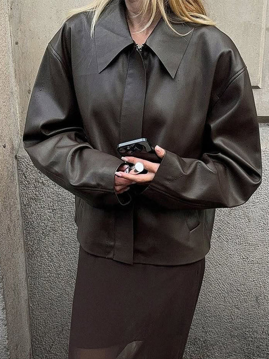 Damen Cropped Boxy Jacke aus Lederimitat mit übergroßem Kragen und verdeckter Reißverschlussleiste Shop Nory