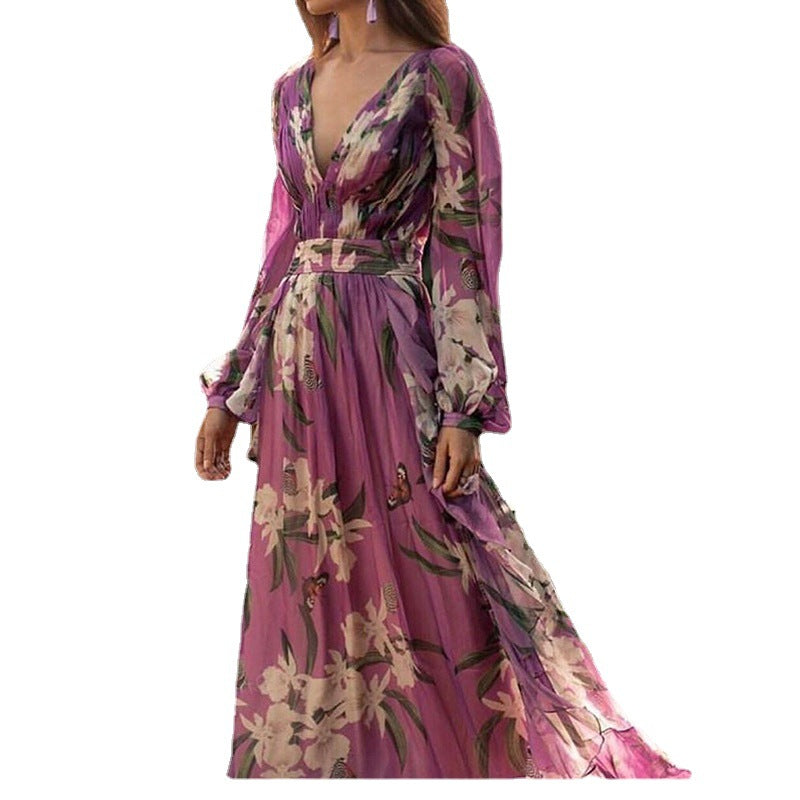 Damen Maxi-Kleid mit floralem Chiffon und elegantem Volant