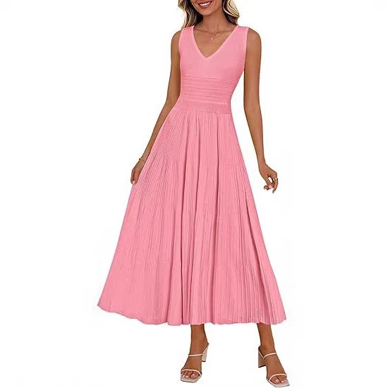 Damen Plisseekleid mit V-Ausschnitt und weitem Saum Shopnory