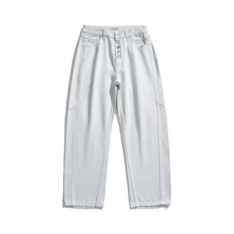 Damen Weite High‑Waist Cropped Jeans mit sichtbarer Knopfleiste, rohem Saum und Utility‑Nähten Shop Nory