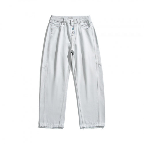 Damen Weite High‑Waist Cropped Jeans mit sichtbarer Knopfleiste, rohem Saum und Utility‑Nähten Shop Nory
