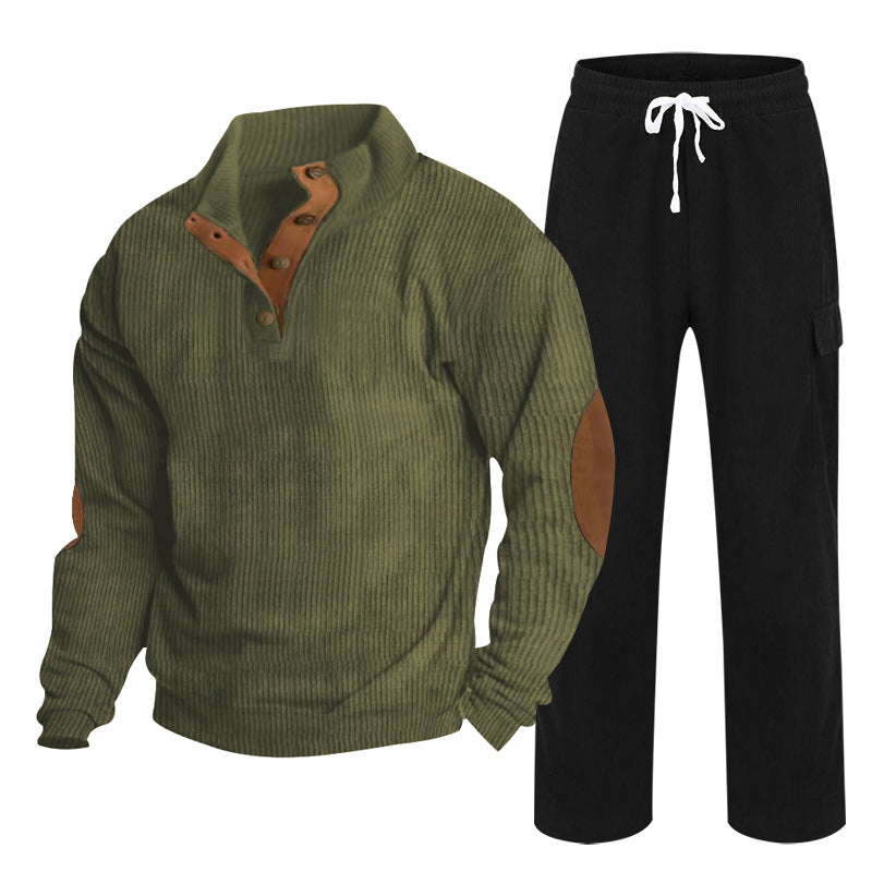 Herren Gemütliches Freizeit-Set aus Waffelstrick-Henley mit Ellenbogenpatch und Relax-Cargo-Hose Shop Nory
