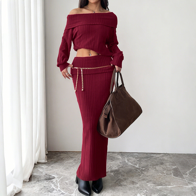 Damen Schulterfreies Rippstrick-Set mit Off-Shoulder-Oberteil und figurbetontem Maxirock Shop Nory