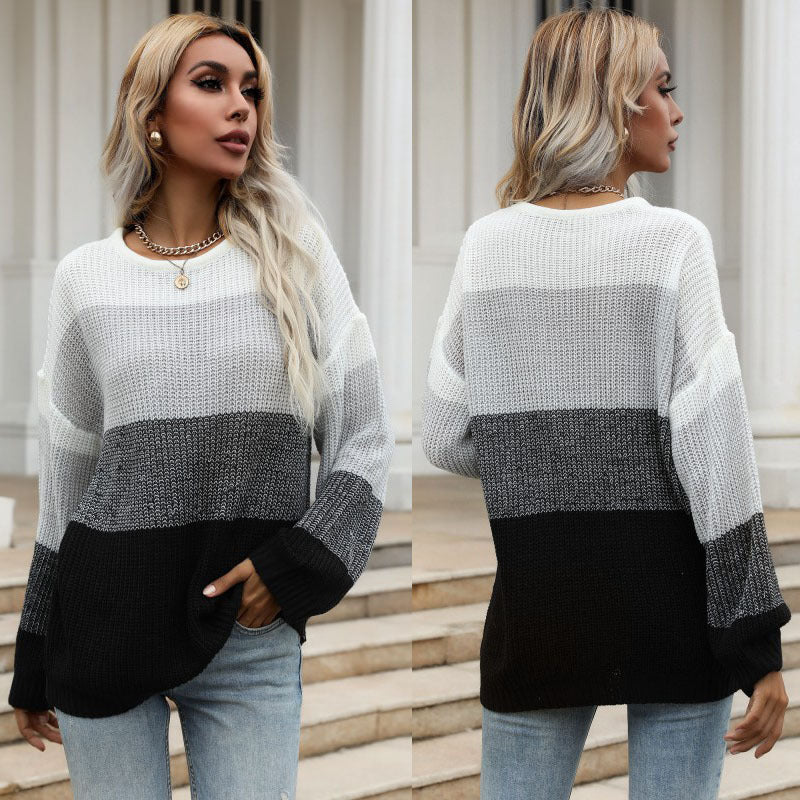 Damen Oversize-Colorblock-Strickpullover mit geradem Saum und Ballonärmeln Shop Nory