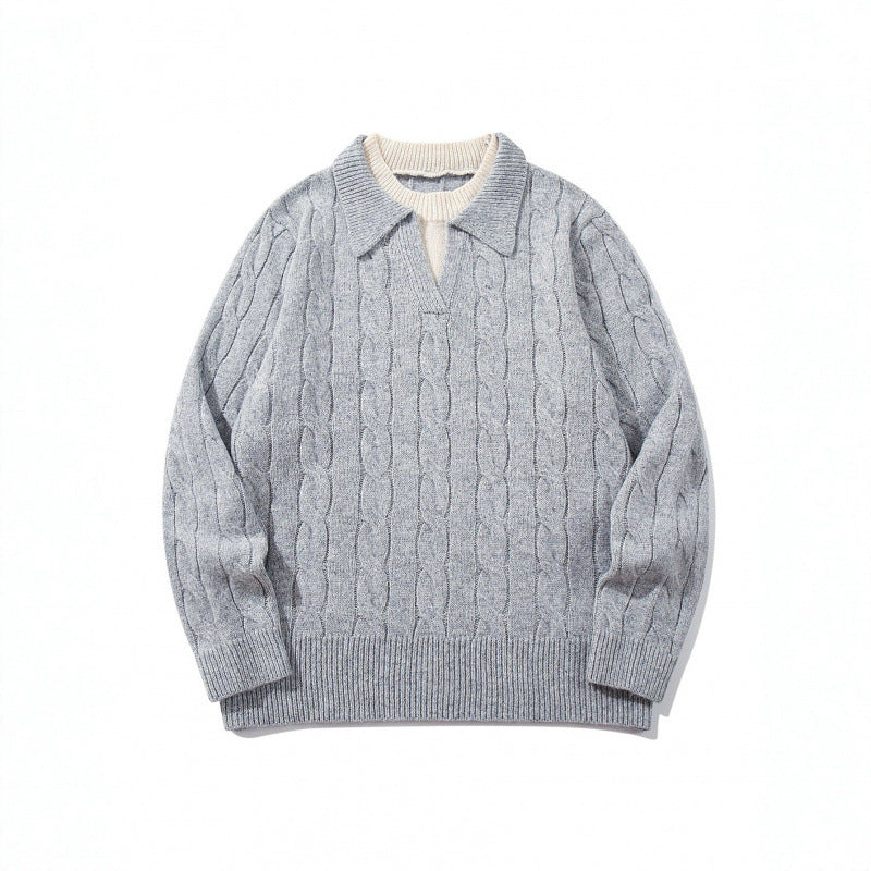 Herren Grobgestrickter Zopfmuster-Pullover mit Polokragen und V‑Ausschnitt Shop Nory
