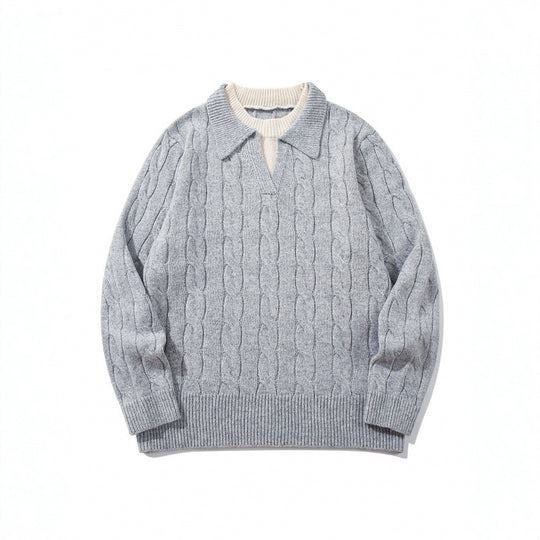 Herren Grobgestrickter Zopfmuster-Pullover mit Polokragen und V‑Ausschnitt Shop Nory