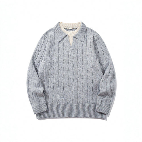 Herren Grobgestrickter Zopfmuster-Pullover mit Polokragen und V‑Ausschnitt Shop Nory