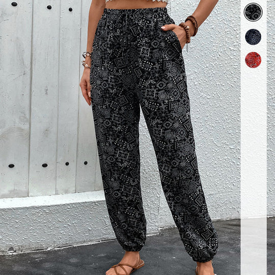 Damen Boho-Haremshose mit elastischem Taillenbund, Kordelzug und Seitentaschen Shop Nory