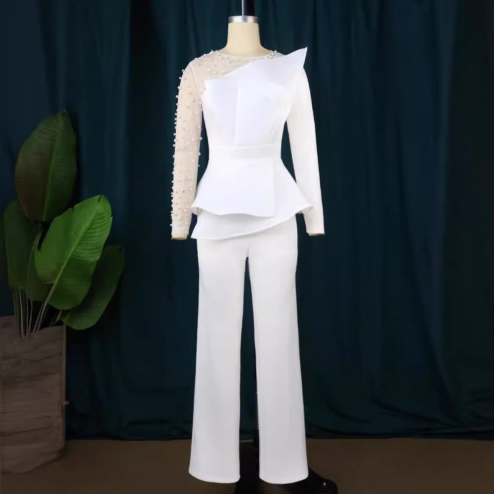 Damen eleganter Jumpsuit mit asymmetrischem Oberteil und raffiniertem Rüschendesign
