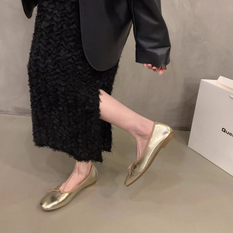 Damen Ballerinas mit funkelnder Metallic-Oberfläche und zartem Schleifendesign