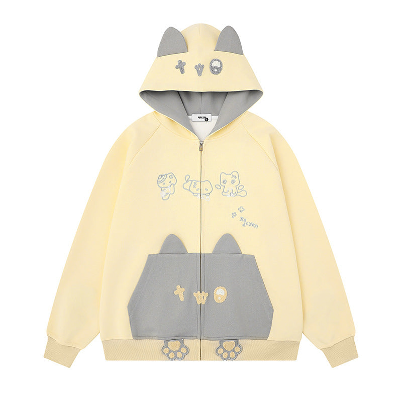 Damen Kapuzen-Sweatjacke mit Ohren, durchgehendem Reißverschluss, Kängurutasche mit Pfoten‑Applikation und verspielten Stickereien Shop Nory