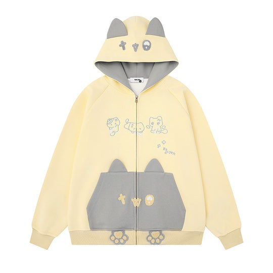 Damen Kapuzen-Sweatjacke mit Ohren, durchgehendem Reißverschluss, Kängurutasche mit Pfoten‑Applikation und verspielten Stickereien Shop Nory