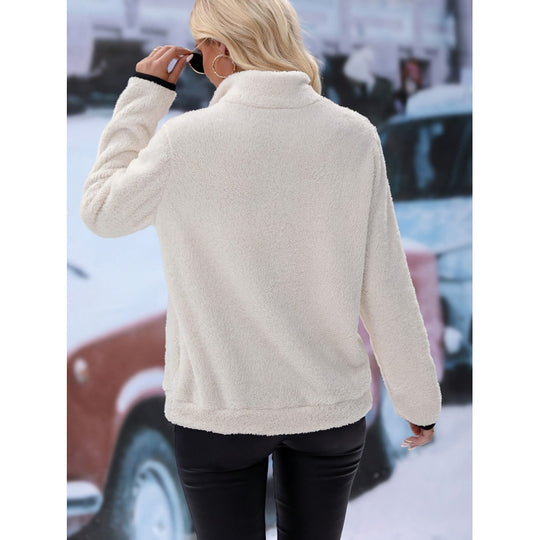 Damen flauschiger Fleece-Kuschelpullover mit halbem Reißverschluss, Kängurutasche und Stehkragen Shop Nory