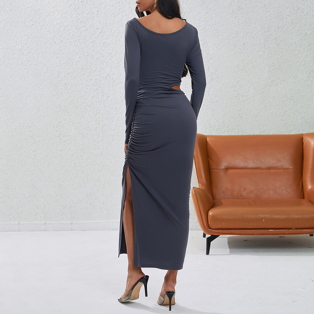 Damen eng anliegendes Maxikleid mit langem Arm seitlichem Cut-Out geraffter Hüfte und hohem Beinschlitz Shop Nory