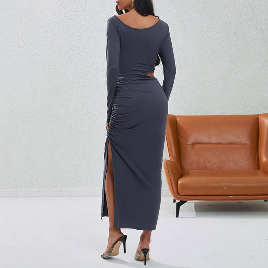 Damen eng anliegendes Maxikleid mit langem Arm seitlichem Cut-Out geraffter Hüfte und hohem Beinschlitz Shop Nory