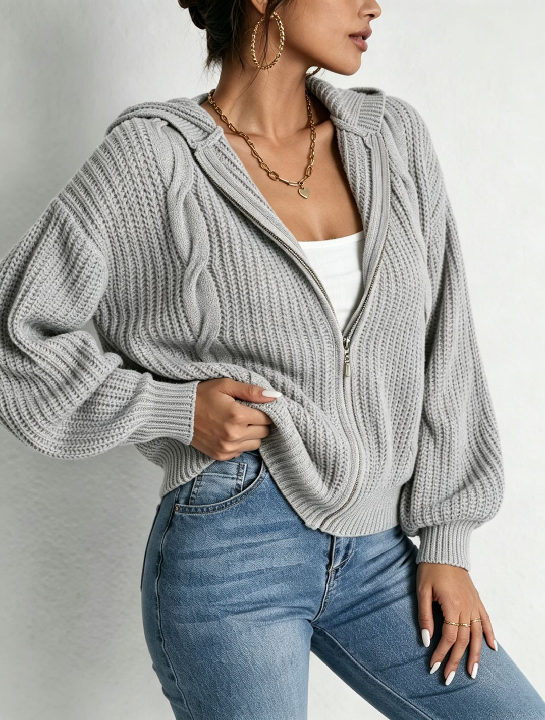 Damen Kapuzen-Cardigan im Grobstrick mit Zopfmuster und Reißverschluss Shop Nory