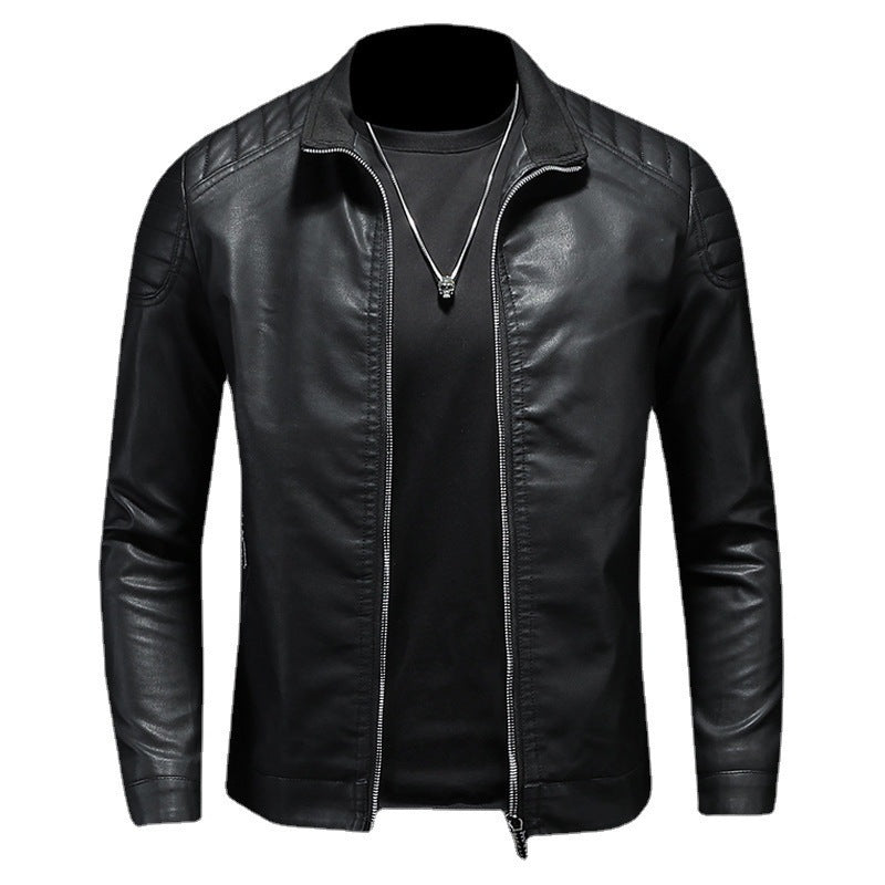 Herren schlank geschnittene Kunstleder-Motojacke mit Stehkragen und gesteppter Schulterpasse Shop Nory