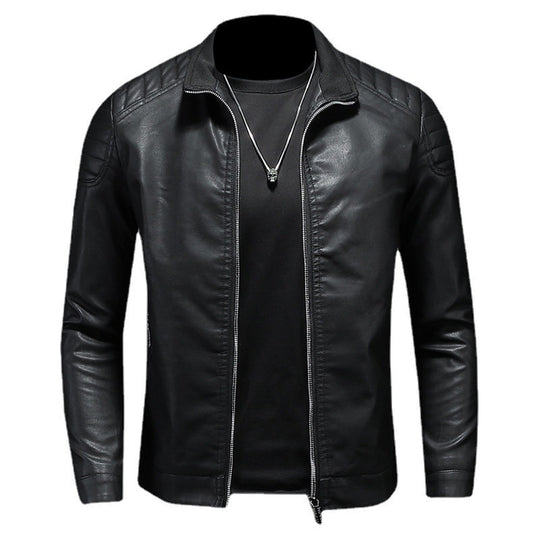 Herren schlank geschnittene Kunstleder-Motojacke mit Stehkragen und gesteppter Schulterpasse Shop Nory