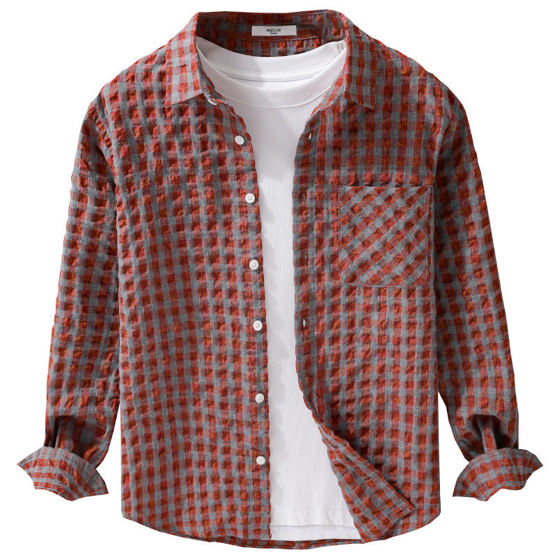Herren Leichtes Crinkle-Karo-Overshirt aus Baumwollmix mit aufgesetzter Brusttasche Shop Nory