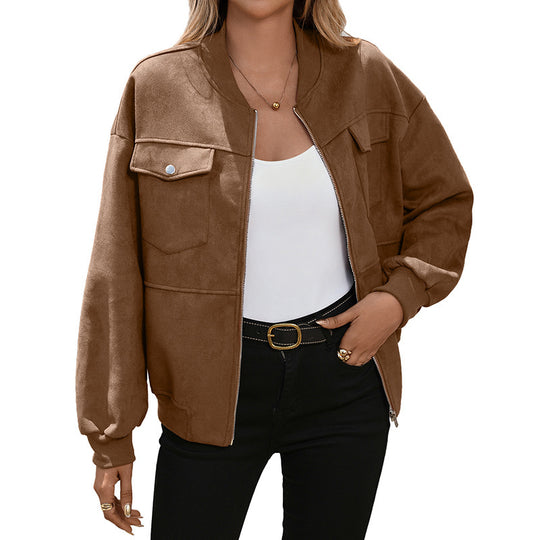 Damen Oversize Wildlederoptik-Bomberjacke mit Brustklappen und Reißverschluss Shop Nory