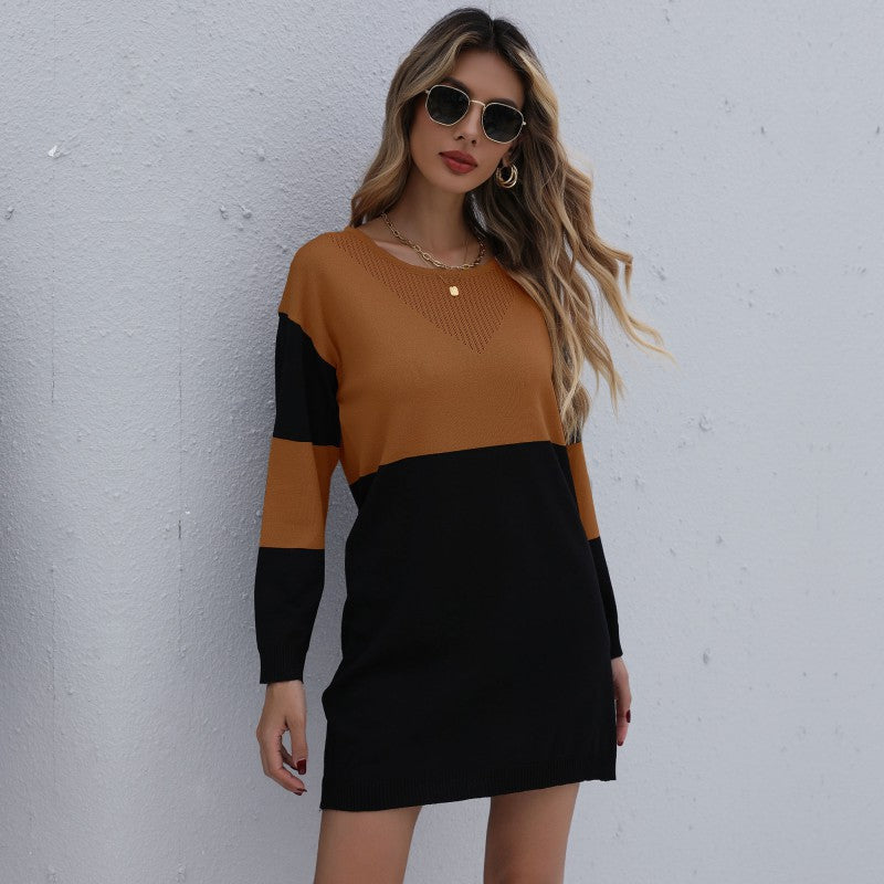 Damen Feinstrick-Minikleid mit Colorblock-Design, V‑Ajour-Ausschnitt und geripptem Saum Shop Nory