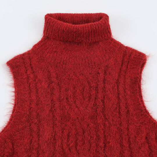 Damen Ärmellose Zopfstrick-Weste mit Rollkragen und Bindegürtel Shop Nory