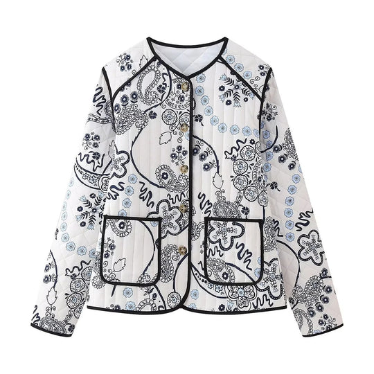 Damen Gestepptes Paisley‑Print Steppjacke mit Kontrastpaspel und Rundhalsausschnitt Shop Nory