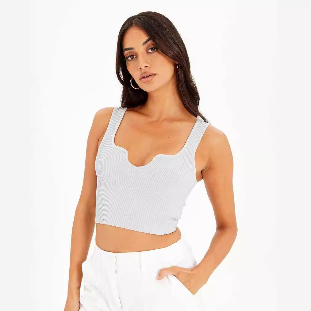 Damen Crop-Top mit Wellen-Ausschnitt und feiner Rippstruktur