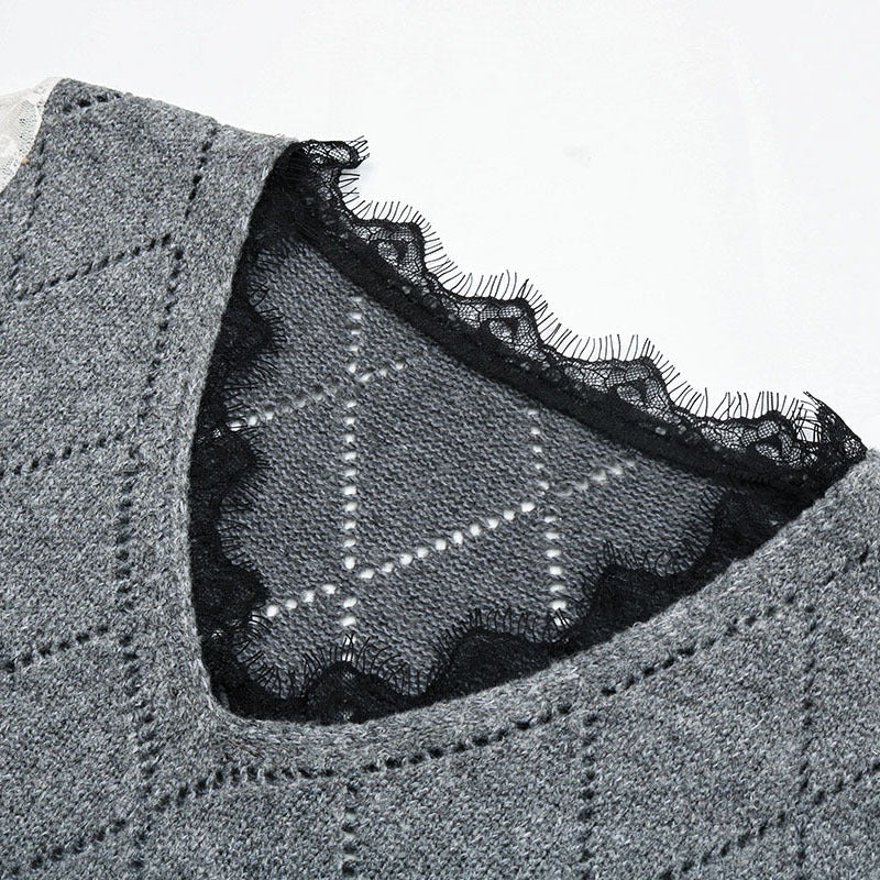 Damen Lässiger Feinstrickpullover mit Ajour‑Rautenmuster, transparenten Spitzenärmeln und gerippten Bündchen Shop Nory