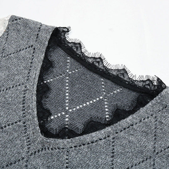 Damen Lässiger Feinstrickpullover mit Ajour‑Rautenmuster, transparenten Spitzenärmeln und gerippten Bündchen Shop Nory