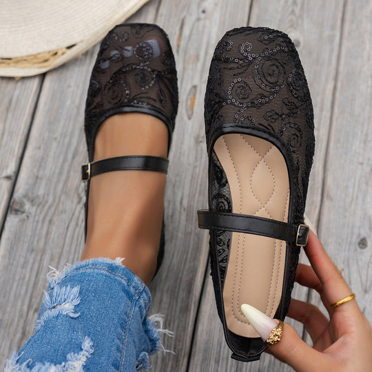 Damen elegante Ballerinas mit floralen Applikationen und rutschfester Sohle