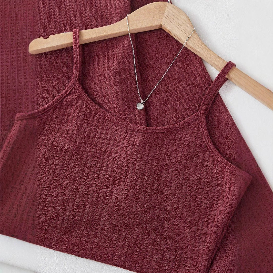 Damen Dreiteiliges Waffelstrick‑Lounge‑Set mit Cropped‑Pullover, Spaghettiträger‑Top und hochtaillierten Shorts Shop Nory