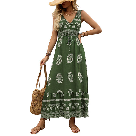 Damen Maxikleid mit V-Ausschnitt, tailliertem Bindegürtel und gestuftem Volant Saum Shop Nory