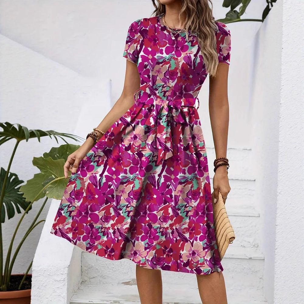 Damen Elegantes Midikleid mit floralem Design und Taillengürtel Shopnory