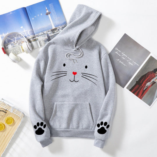 Damen nan Kapuzenpullover mit gedrucktem Katzenmotiv, Kängurutasche und Pfotenapplikationen Shop Nory