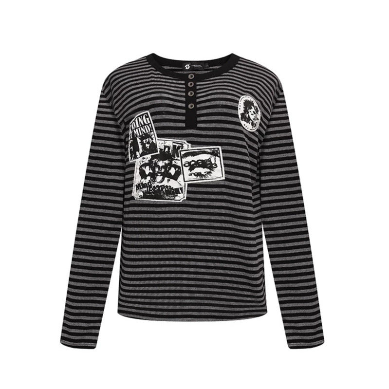 Damen Gestreiftes Langarm-Henleyshirt mit Knopfleiste und Grafikpatches Shop Nory