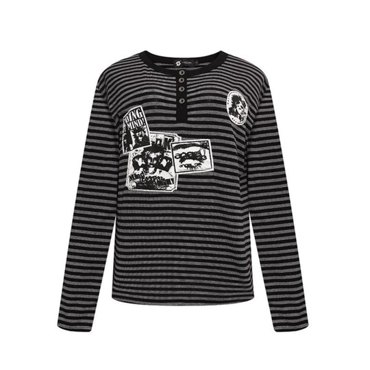 Damen Gestreiftes Langarm-Henleyshirt mit Knopfleiste und Grafikpatches Shop Nory