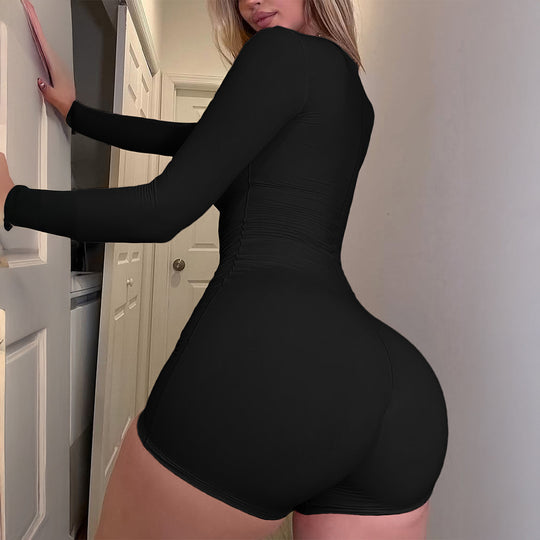 Damen nan figurbetonter Jumpsuit mit quadratischem Ausschnitt, langen Ärmeln und shorts-Länge Shop Nory