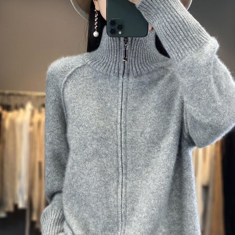 Damen Zip-Cardigan im Kaschmir‑Look mit Stehkragen und gerippten Bündchen Shop Nory