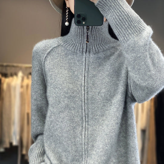Damen Zip-Cardigan im Kaschmir‑Look mit Stehkragen und gerippten Bündchen Shop Nory